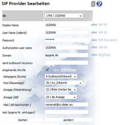 Sip Provider Einstellungen