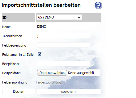 Importschnittstelle Einstellen